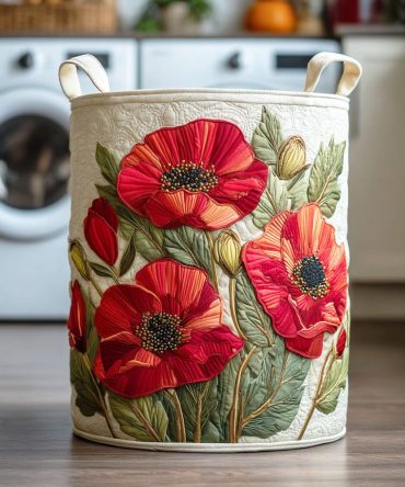 Scarlet Poppy Dream Quilted Laundry Hamper — Bold Floral Fabric Basket, Foldable & Sturdy Hamper With Easy-Carry Handles And Machine-Friendly Care