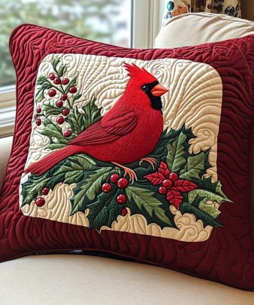 Scarlet Song Quilted Decorative Pillow Cover - Festive Cardinal Red Bird Throw Pillowcase, Soft Quilted Microfiber Home Accent