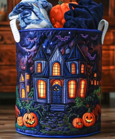 Spooky-Sweet Quilted Laundry Organizer - Decorative Fabric Storage Hamper With Sturdy Handles, Large Foldable Halloween-Themed Washable Basket