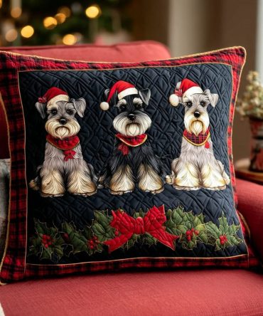 Schnauzer Holiday Crew Quilted Pillow Cover - Cute Dog-Themed Cotton Throw Pillowcase For Pet Lovers & Seasonal Mantel Decor