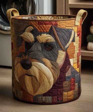 Schnauzer Autumn Tones Quilted Laundry Hamper — Warm Fall Palette Dog Print Fabric Basket, Collapsible & Durable For Home