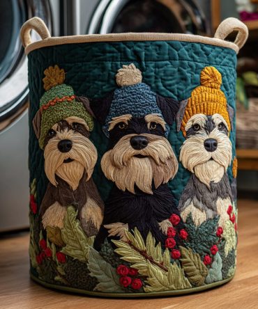 Schnauzer Berry Hat Quilted Laundry Hamper — Playful Berry-Hued Dog Print Fabric Basket, Collapsible & Lightweight For Kids