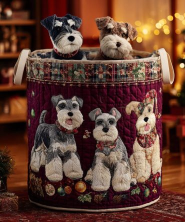 Schnauzer Noel Quilted Hamper — Festive Dog-Themed Foldable Laundry Basket With Soft Quilting, Reinforced Handles & Easy-Clean Liner For Holiday Cheer