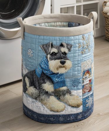 Schnauzer Winter Quilted Laundry Hamper – Festive Schnauzer Scarf Fabric Basket With Strong Handles, Foldable Holiday & Everyday Storage Solution