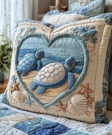 Sea Turtle Couple Quilted Pillow Cover — Ocean-Inspired Decorative Pillowcase For Coastal Bedrooms & Beach Houses, Breathable & Washable