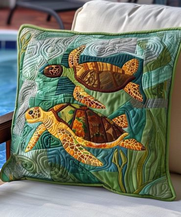 Sea Turtle Duo Quilted Pillow Cover — Charming Pair Of Turtles Throw Pillowcase For Coastal Living, Patio & Kids’ Rooms , Soft Cotton-Blend