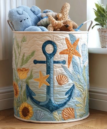 Sea Bound Quilted Laundry Hamper — Maritime Print Storage Basket, Collapsible Fabric Hamper With Durable Carry Handles