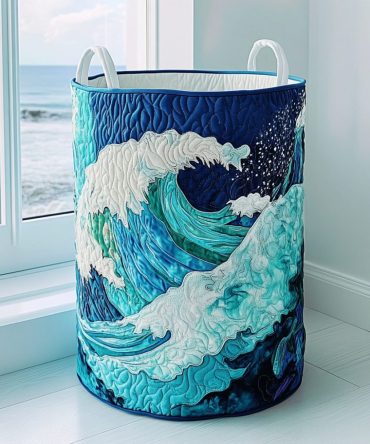 Sea Crest Quilted Laundry Hamper — Nautical Crest Print Storage Basket, Collapsible, Durable Handles, Stylish Bathroom Bin