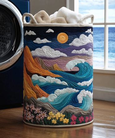 Sea Horizon Quilted Laundry Hamper — Modern Navy Quilted Fabric Laundry Basket With Handles, Durable & Collapsible Design