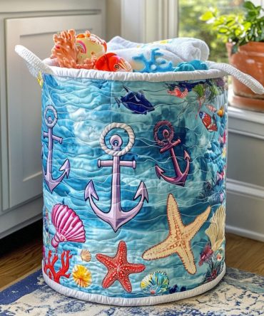 Sea Legs Quilted Laundry Hamper — Durable Ocean-Themed Fabric Basket With Handles, Collapsible Design For Stylish Home Organization