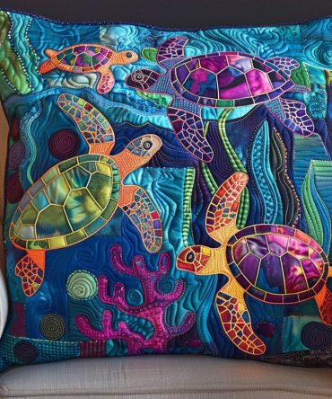 Sea Turtle Treasure Quilted Cushion Cover — Coastal Kids & Adult Decorative Pillowcase, Durable Cotton Blend, Machine Washable