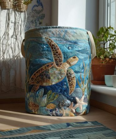 Seabreeze Sanctuary Quilted Laundry Hamper — Coastal Foldable Laundry Basket With Handles, Breathable Washable Storage Bin