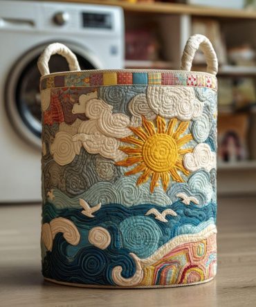 Seabreeze Quilted Laundry Hamper With Coastal Sun Motif — Collapsible Beach-Style Laundry Basket, Durable Nautical Home Storage Organizer