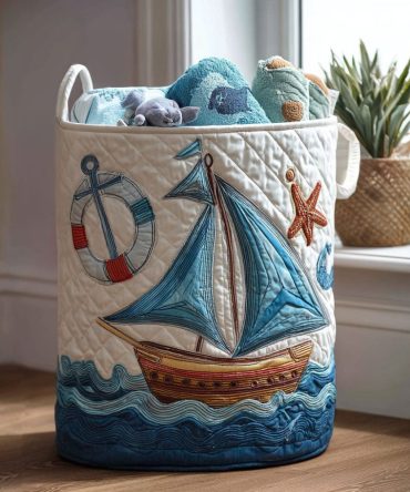 Seafarers Charm Quilted Laundry Hamper — Maritime Quilt-Texture Fabric Basket With Handles, Collapsible Storage For Home & Nursery