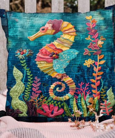 Seahorse Fairytale Quilted Pillow Cover - Ocean Fantasy Design With Quilted Texture, Coastal Decorative Pillowcase, Soft Microfiber