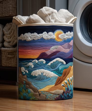 Seashore Serenity Quilted Laundry Hamper — Serene Blue Quilted Fabric Laundry Basket, Large Capacity With Handles & Foldable