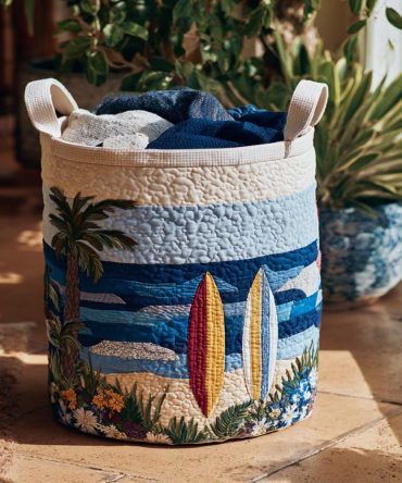 Seaside Calm Quilted Laundry Hamper - Tranquil Foldable Laundry Basket With Reinforced Handles, Elegant Coastal Design For Home Storage