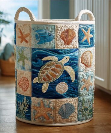 Seaside Quilted Laundry Basket - Large Collapsible Storage Hamper With Handles, Serene Coastal Design For Bedroom, Bathroom & Nursery