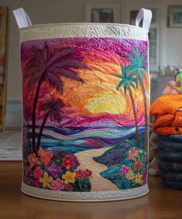 Seaside Serenity Quilted Laundry Hamper — Ocean-Inspired Foldable Cotton Basket, Spacious & Easy-Care Home Organizer