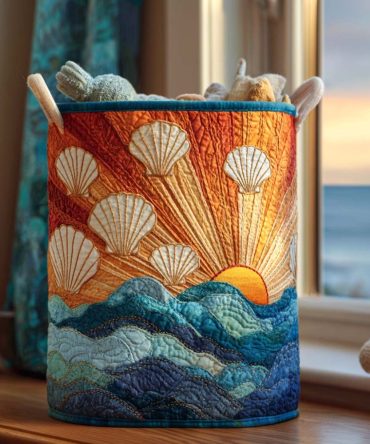 Seaside Shell Quilted Laundry Hamper — Elegant Shell-Print Fabric Storage With Handles, Durable Foldable Design & Easy-Care Liner For Coastal Interiors