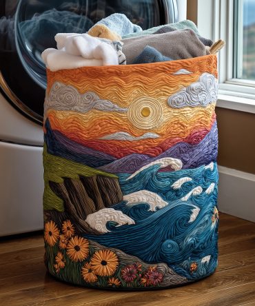 Seaside Sunset Quilted Laundry Hamper — Sunset-Toned Quilted Fabric Laundry Basket With Handles, Collapsible & Stylish