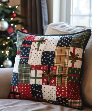 Season Of Giving Quilted Pillow Cover - Elegant Christmas Throw Pillowcase For Sofa, Bed & Entryway , Soft Quilted Decorative Accent