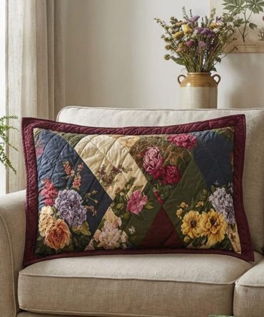 Secret Garden Blooms Quilted Pillowcase Cover — Floral Quilted Pillow Sham, Romantic Garden Bedding Accent For Elegant Home Decor