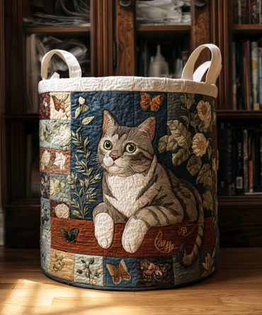Secret Garden Cat Quilted Laundry Hamper — Botanical Cat-Print Fabric Storage Bin With Handles For Charming Home & Nursery Organization