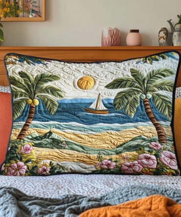 Serene Palm Island Quilted Pillow Cover — Tropical Cotton Decorative Sham, Breathable Hypoallergenic Fabric, Machine-Washable Accent
