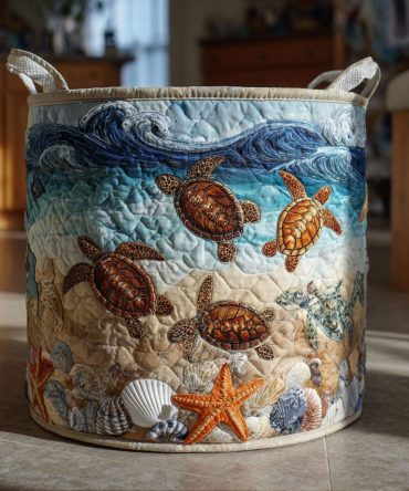 Serenity Shell Quilted Laundry Hamper — Coastal Calm Quilted Basket With Reinforced Handles, Foldable Laundry Storage For Bath & Beach Homes