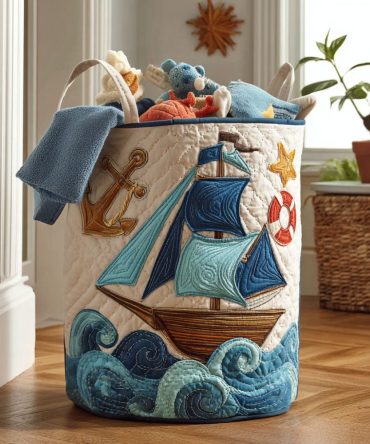 Set Sail Quilted Laundry Hamper — Nautical Fabric Basket With Handles, Foldable Storage Bin For Coastal, Beach House & Kids Rooms