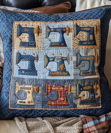 Sewing Machine Art Quilted Pillow Cover — Artistic Stitch Motif & Cozy Quilting, Perfect Accent Sham For Craft Rooms, Studios & Living Areas