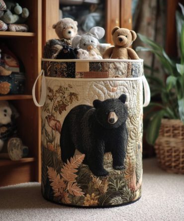 Shadow Bear Quilted Hamper — Dark Chic Foldable Laundry Organizer With Reinforced Handles & Soft Interior For Stylish Room Storage