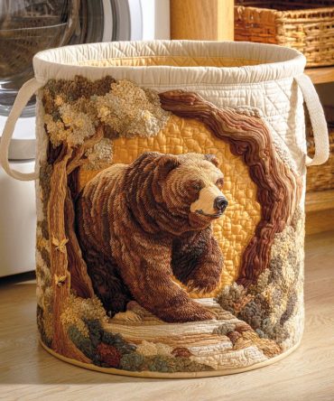Shadow Bear Quilted Laundry Hamper – Sleek Woodland Collapsible Basket, Padded Fabric, Reinforced Carry Handles & Easy Care