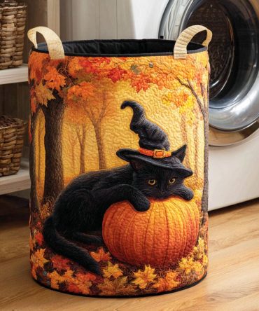 Shadow Cat Quilted Laundry Hamper — Sleek Collapsible Storage Basket With Dark Cat Motif, Reinforced Handles & Stylish Room Accent