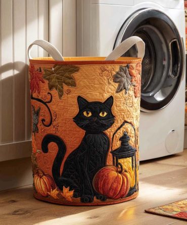 Stylish Quilted Laundry Hamper — Shadow Paws Motif, Foldable Soft Fabric Bin With Reinforced Carry Handles