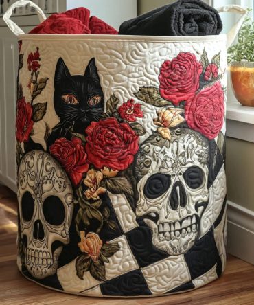 Gothic Shadow Skull Quilted Laundry Hamper — Large Collapsible Fabric Basket With Sturdy Handles, Machine-Washable, Decorative Skull Print