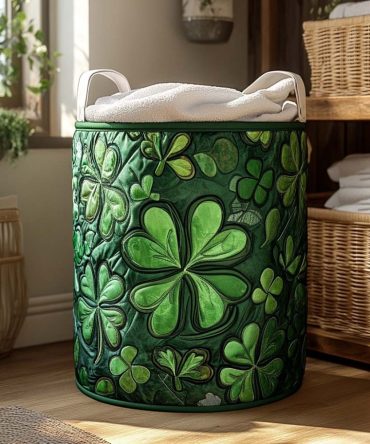 Shamrock Meadow Quilted Laundry Hamper — Irish Green Floral Foldable Storage Basket, Washable Fabric Bin For Bedroom & Nursery