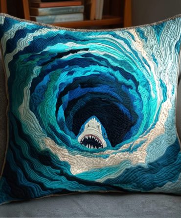 Shark Descent Quilted Throw Pillow Cover — Dramatic Ocean Predator Decorative Cushion Case For Nautical & Kid Rooms