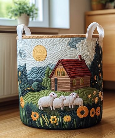 Sheep Garden Quilted Laundry Hamper - Charming Sheep Meadow Print, Foldable Quilted Storage Basket, Soft Cotton Exterior, Nursery Organizer