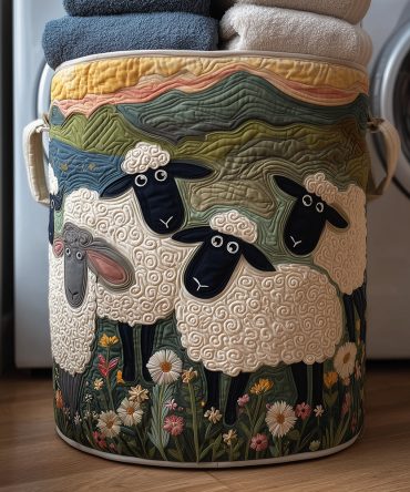 Sheep Meadow Quilted Foldable Laundry Hamper — Pastoral Decorative Fabric Basket With Handles For Easy Carrying & Storage