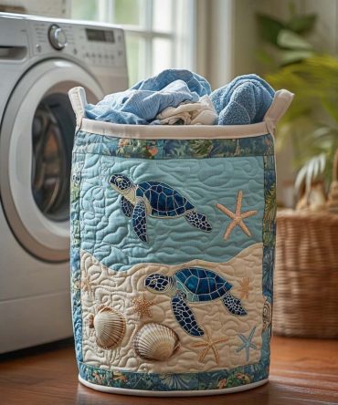 Shell Journey Quilted Laundry Hamper - Coastal Foldable Fabric Basket With Handles , Stylish Durable Organizer For Home & Bathroom