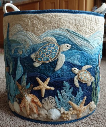 Shell-Pattern Quilted Laundry Hamper — Coastal Foldable Laundry Basket With Protective Lining, Decorative Bathroom & Beach House Organizer — Machine-Washable Cover, Collapsible & Gift-Ready