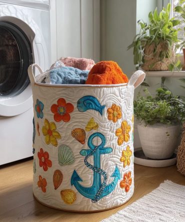 Shell Yeah Quilted Laundry Hamper — Coastal Shell Print Fabric Basket, Collapsible Beachy Laundry Storage With Comfortable Handles