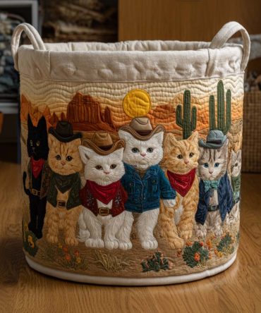 Sheriff Kitty Quilted Laundry Hamper – Playful Western Cat Print Storage Bin, Collapsible Fabric Hamper With Handles, Machine-Washable
