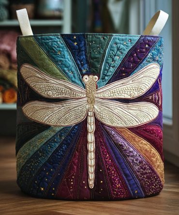 Shining Dragonfly Quilted Laundry Hamper — Elegant Nature-Inspired Fabric Basket, Foldable Decorative Hamper For Home