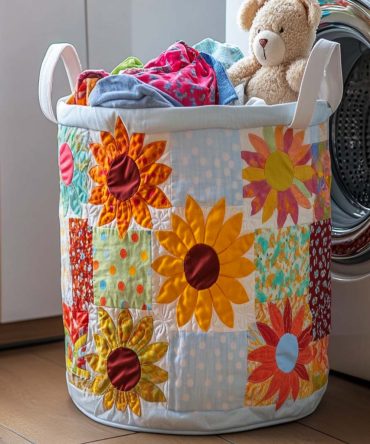 Shining Sunflower Quilted Laundry Hamper — Bold Floral Foldable Basket With Handles, Breathable Cotton & Easy-Care