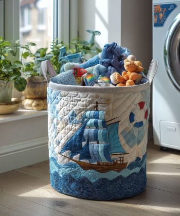 Shipshape Nautical Quilted Laundry Hamper — Large Coastal Fabric Basket With Handles, Collapsible & Durable For Bedroom/Bathroom Storage