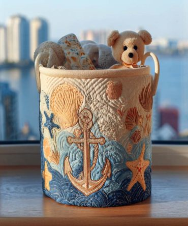 Shoreline Dream Quilted Laundry Hamper — Tranquil Coastal Fabric Storage With Handles, Foldable & Machine-Washable For Beachy Home Organization
