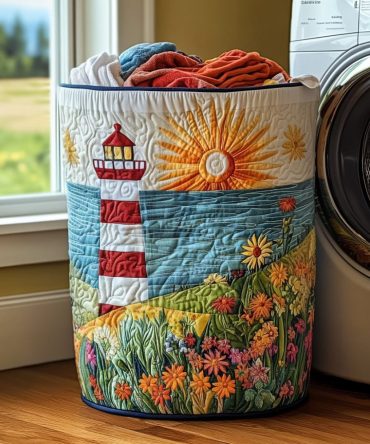 Shoreline Glow Quilted Laundry Hamper — Beachy Collapsible Storage Basket With Sturdy Handles & Soft Quilted Finish